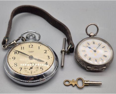 935 Swiss silver fob pocket watch, white enamel face with Roman Numerals. Together with a Smiths Empire pocket watch] [In a w