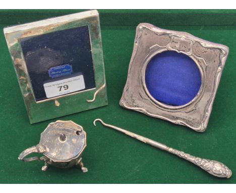 London silver photo frame with box, Antique Birmingham silver frame, Silver condiment pot and Silver handle button hook.