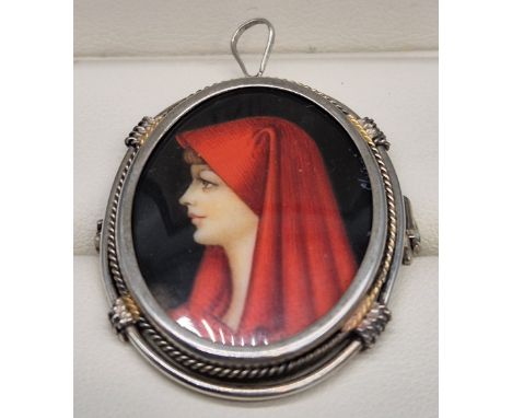 800 grade Silver Pendant Brooch with signed Portrait of Saint Fabiola. 