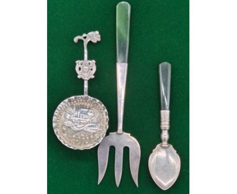 Birmingham silver jade handled fork &amp; spoon. Together with Chester silver ornate spoon. 