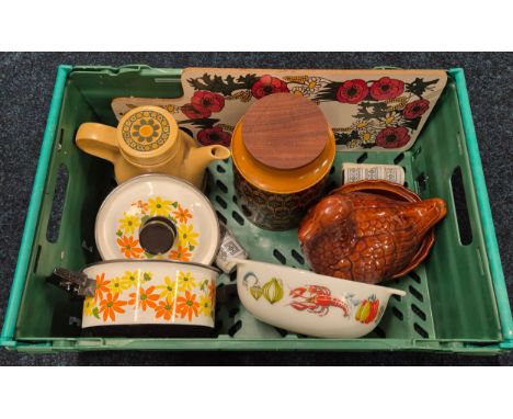 A Selection of mid century kitchenalia; Italian prestige flower pattern pot, Kiln craft tea pot, Pyrex style stew serving dis