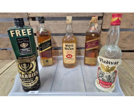 Five bottlings of vintage whisky and spirits: Johnnie Walker Black and Red Label- 1 Litre, Whyte &amp; Mackay Special Reserve