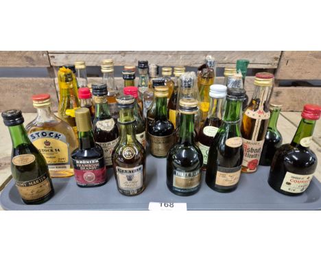 Tray of miniature spirits; Cognac, Remy martin, Martell, Stock 84, Asbach Uralt and many others.