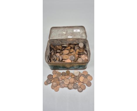 Vintage Sharp's Imperial Toffee tin containing a large collection of British coinage. One Pennies, Crowns, half crowns and ma