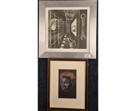 Lithograph block print depicting tools. Signed by the artist. dated 2007. Together with a pastel portrait study signed. [Lith