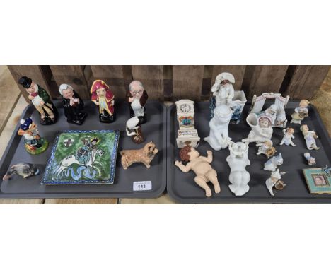 Two Tray's of collectable figures and tile: Dickens series figures, Beswick dog, Wee Willie cat sculpture, German miniature f
