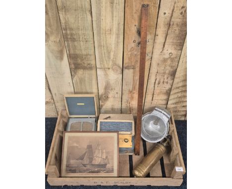 Crate of collectables: Antique print titled H.M.S Thunderer. 1840. 84 guns. Brass extinguisher, Yard ruler, Spot light and tw