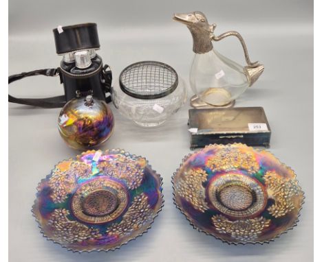 A Selection of collectables; Silver plated Goose wine craft, Pair of Carnival glass plates, Grants whisky flask set in fitted