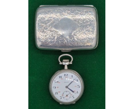 Birmingham silver cigarette case &amp; Foreign Silver Dollar Deux Grand Prix pocket watch. Engraved casing. Working.[Push but