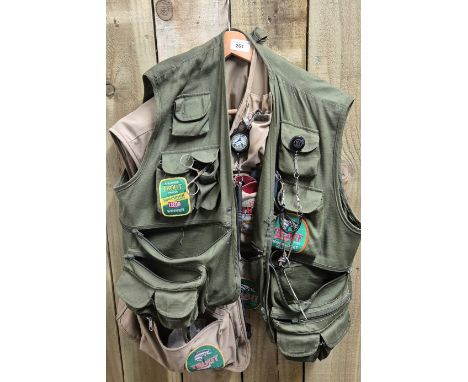 Two vintage Fishing Gilets with Fishing accessories; Fishing priest, trout patches, Hardy Brothers badge &amp; many other fis