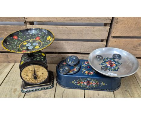 Two antique sets of Barge ware scales with weights; Home Pride &amp; other 