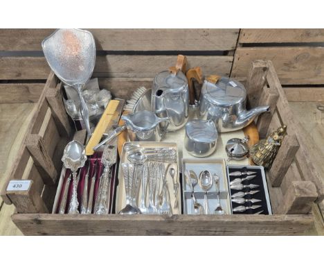 Crate of silver plated items; Picquot tea and coffee service with serving tray, Arthur Price grape and vine design cutlery, B
