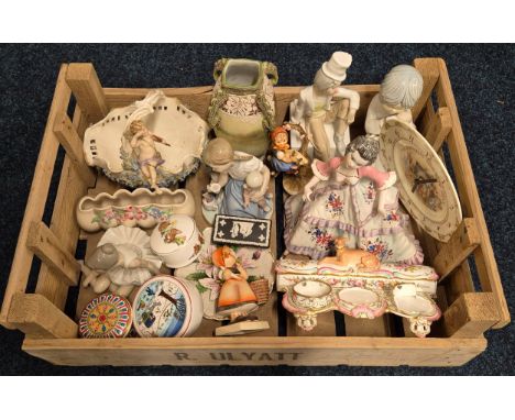 A Crate of collectables; German porcelain figural sweet meat vase, Lladro figure, Wedgewood Trinket, porcelain trinkets, 19th