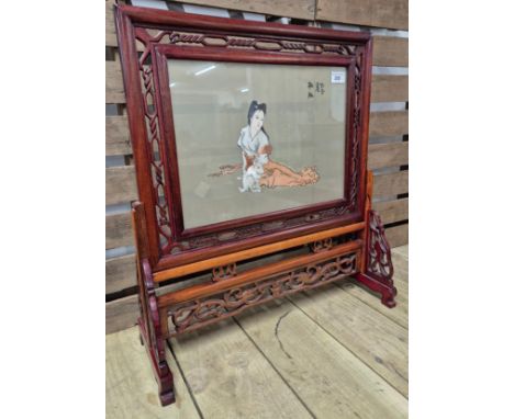 20th century Chinese table screen; Chinese rose wood, Double side tapestry screen showing a young woman and a rabbit. Signed 