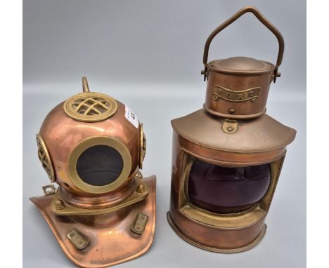 Copper and brass miniature diving helmet. Together with A Copper Ships Port lantern. [Lantern 21cm high]