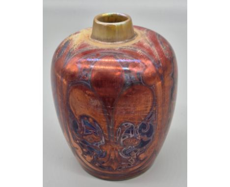 William S Mycock for Pilkington Royal Lancastrian Lustre ware vase, c1920. showing an Art Nouveau design. Orange/ Red Ground.