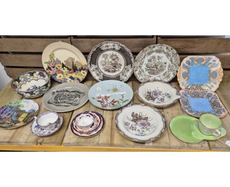 A Collection of porcelain; Maling cup and saucer, Royal Crown Derby Trio 1906, Shelley Plate 1929 painted by M C Donaldson, S