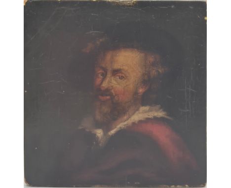 George Jamesone, [1590-1644]miniature oil painting on wood, portrait of a bearded gentleman, wearing a black hat and red shir