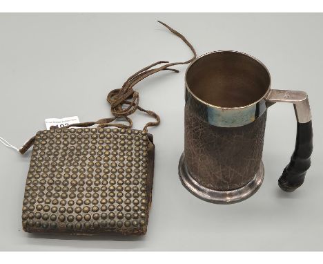 Antique leather Ottoman Brass studded Ammo pouch together with A Vintage Hide &amp; silver plated tankard [13x12cm ammo pouch