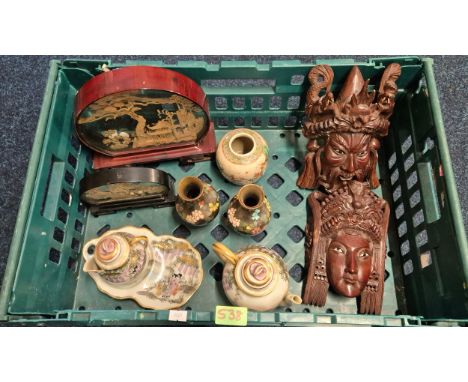 A Crate of collectable Chinese and Asian items; Hand carved rosewood wall masks, cloisonne vases, Cork design art and egg she