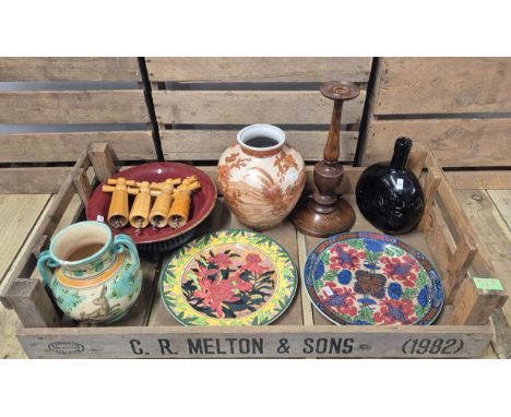 A Crate of collectables; Royal Doulton collectors plates; Chinese bowl, vase, antique table lamp base and unusual mallet styl