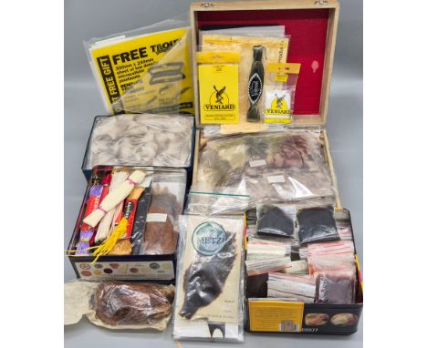 A Large collection of vintage Fly tying feathers, Fabrics and equipment