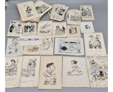 A Large collection of Bill Tait original newspaper pen sketches- War time comic stripes and Football players- Kavanagh- Celti