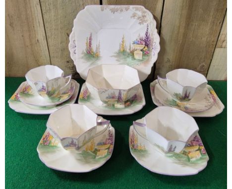 Shelley Art Deco "Victorian garden scene" part tea service [RD number 723404]