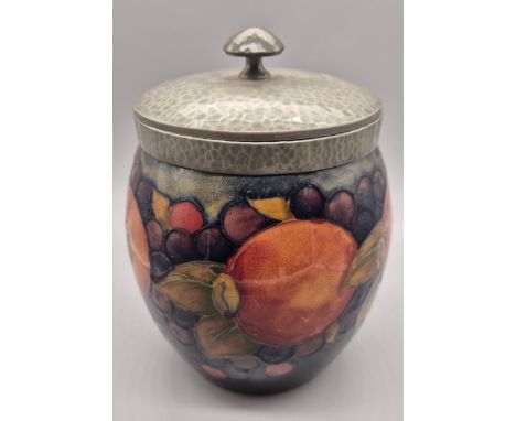 Moorcroft Pottery, for Liberty &amp; Co, London. "Tudric" pewter mounted ceramic biscuit barrel &amp; cover, circa 1920. Deco