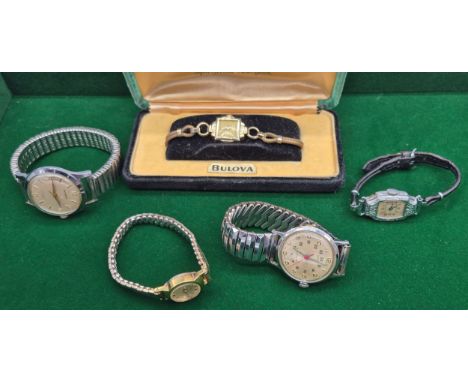 A Collection of vintages watches; Windsor Art deco cocktail watch, Bulova Rolled gold cocktail watch, The Angus 17 Rubis watc