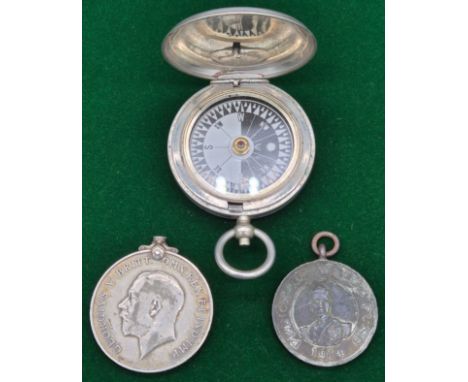 WWI Dennison Birmingham 98631 pocket compass 1916 [Possibly for Scottish Battalion]. WWI War medal belonging to 1681 CPL. J. 