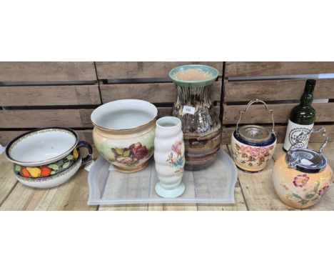 Tray of collectables; Crown Ducal and Victorian Biscuit barrels, Drip glaze pottery vase, Royal Winton vase and other items