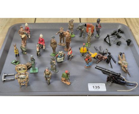 A Tray of Antique and vintage lead painted soldiers and figures; Britains Cadbury's Cocobus Animal figures, Britains Lead ani