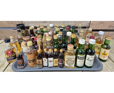 A Tray containing a large quantity of vintage whisky miniatures; William Lawson's, Royal Troon, Old Troon, Chivas Regal, Macl