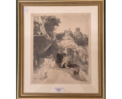 Rembrandt Van Rijn [1606-1669],"Saint Jerome reading in an Italian Landscape" 19th/ 20th century Retrike Etching. [37x32cm]