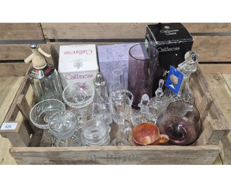 Crate of crystal and art glass: Caithness art glass vase, deco lidded preserve, Crystal decanter with Silver Sherry drinks la