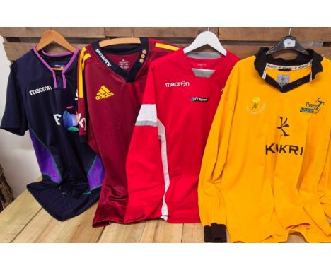 A Collection of Four various Rugby tops: XL Macron Scotland top, 2XL Adidas Highlanders top, XL Macron Edinburgh top and XL M