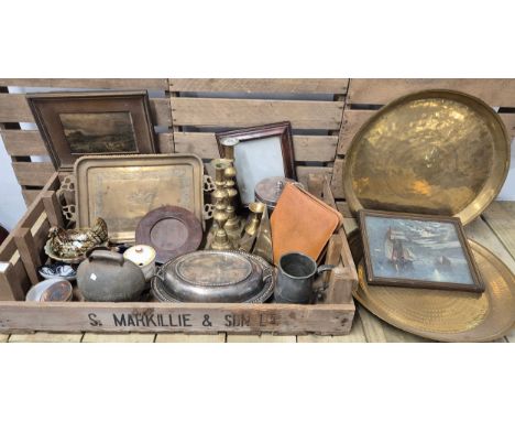 A Crate of collectables; Brass and silver plated items- Silver plates tea caddy, 19th century Pint stein, Brass worked shallo