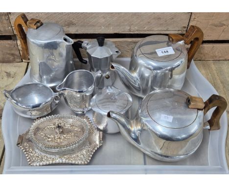 Tray of Picquot ware and silver plated and glass butter dish. 