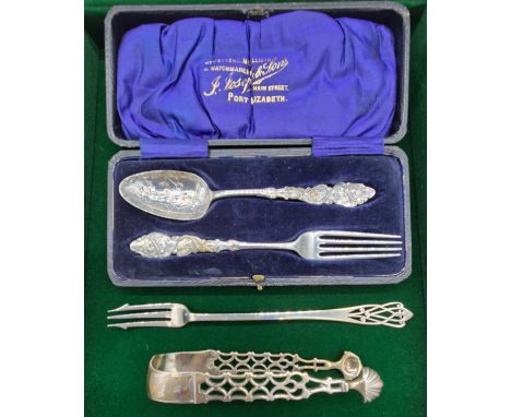 Boxed Birmingham silver Christening fork and spoon set "Hey! Diddle, Diddle". London silver pickle fork in an art Nouveau des