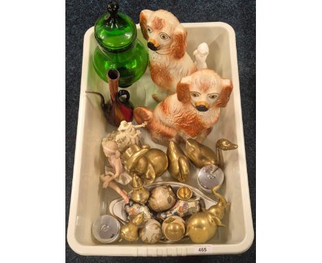 A Crate of collectables; Pair of Staffordshire wally dogs, art glass preserve jar, brass animals, Royal Worcester evensham wa