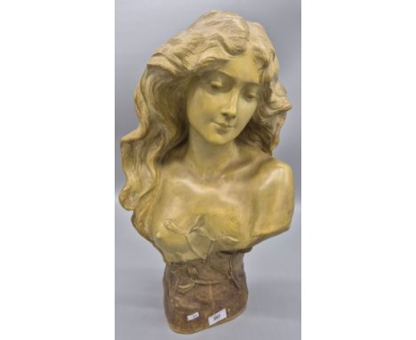 Large Art Nouveau Goldscheider Reproduction Reservee Austrian Terracotta lady bust. Signed by the artist. [57.5cm high] 