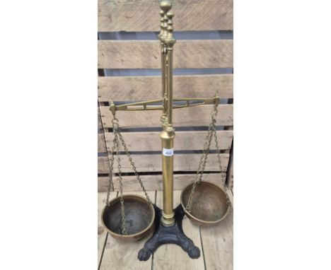 19th century Tobacco scales; Brass, Copper and heavy cast metal stand.  Birmingham - Day &amp; Milward. [65cm high]