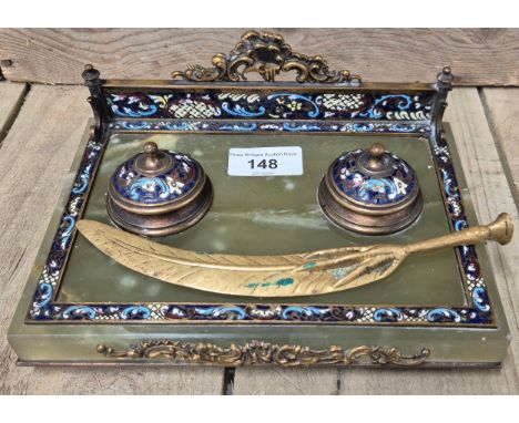 19th century French Champleve enamel, Onyx and and Ormolu mount double ink well stand. Comes with a Brass bird foot and feath