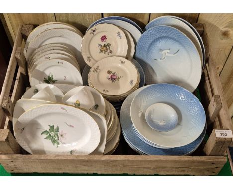 A Crate of Danish porcelain dinner ware; Kjøbenhavn "seagull" pattern dinner ware, Royal Copenhagen flower pattern plates &am