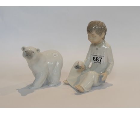 Nao figure of seated boy with candlestick and Lladro figure of a Polar Bear  (2)