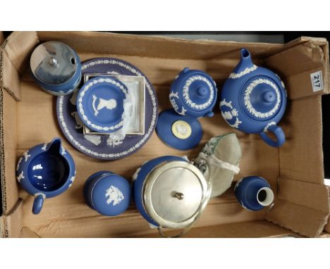 A collection of Wedgwood Royal Blue jasperware pieces including teapot, candy boxes, plates , biscuit barrels etc (10)