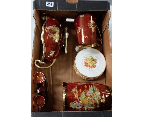 A collection of Crown Devon Rouge Royal items to include a vase, jug, candlestick , fruitbowl and six six side plates showing