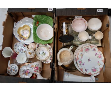 A collection of mixed items including Aynsley vase, glass domed carriage clock, Tuscan dinner ware etc (2 trays)