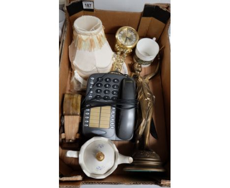 A collection of items to include Art deco style lady lamp, Ogee high frequency generator in oak case, wedgwood plates, teleph